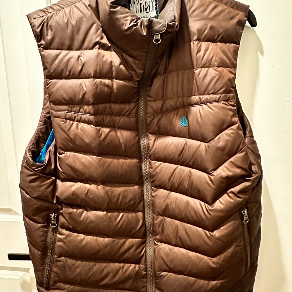 Volcom Chocolate Brown Quilted Puffer Vest with Teal Logo